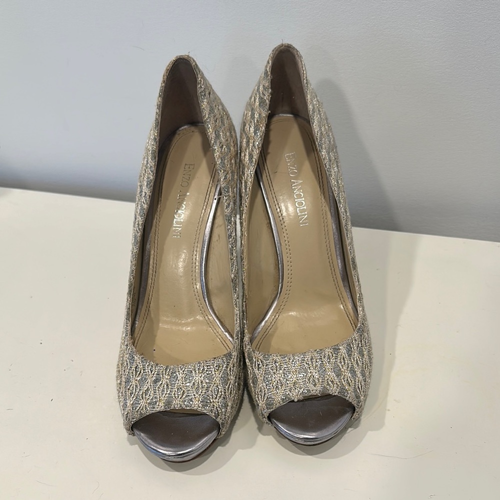 Baldan Modena Peep Toe Heels - Beige and Silver